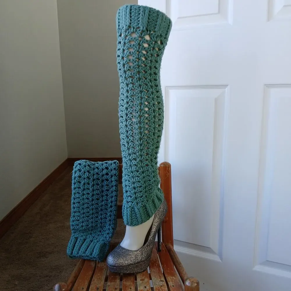 Fern Green Leg Warmers OSFM crochet warm thick chunky over knee dance premade